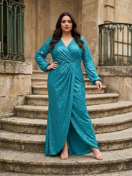 Dresses & Skirts - Teal Sequin V-Neck Long Sleeve Evening Dress